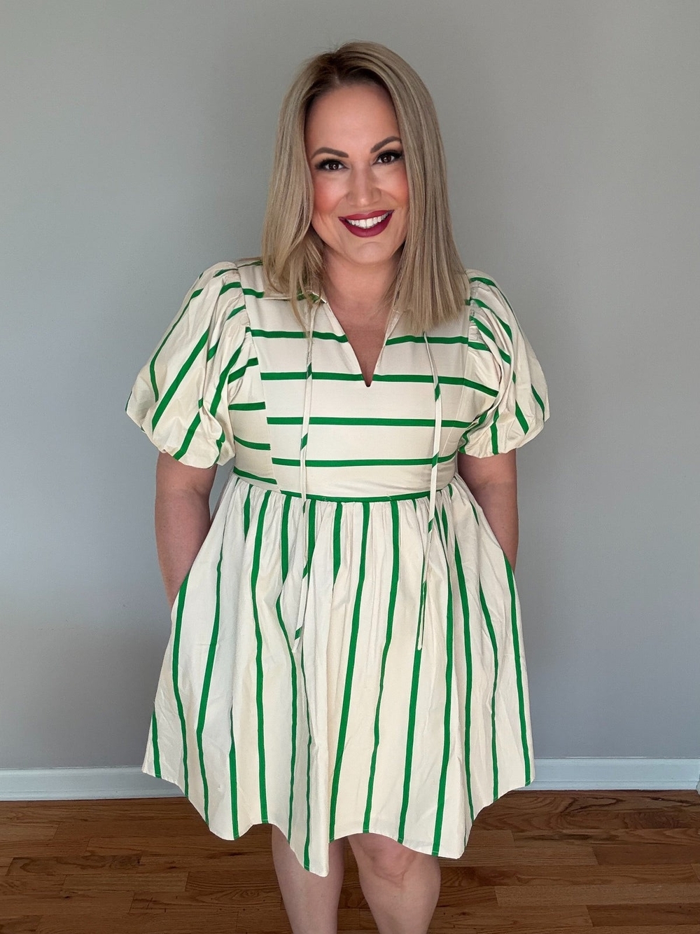 NWT JODIFL Cream & Green Striped Puff-Sleeve Dress- Small